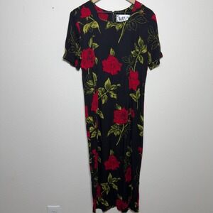 VTG 90s WNY Women Indie‎ Fairy Grunge Maxi Dress Medium Black Roses Short Sleeve
